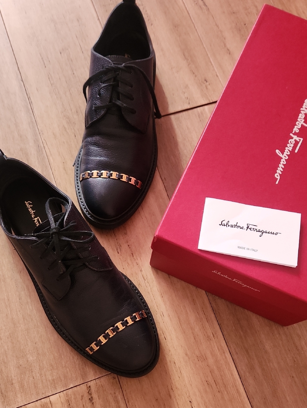 Salvatore Ferragamo Navy Leather Lace-Up Oxfords with Gold Chain Accent